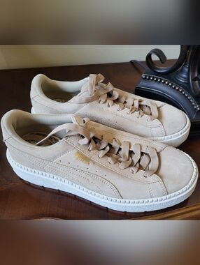 Puma Beige Suede Platform Sneakers with Gold Logo